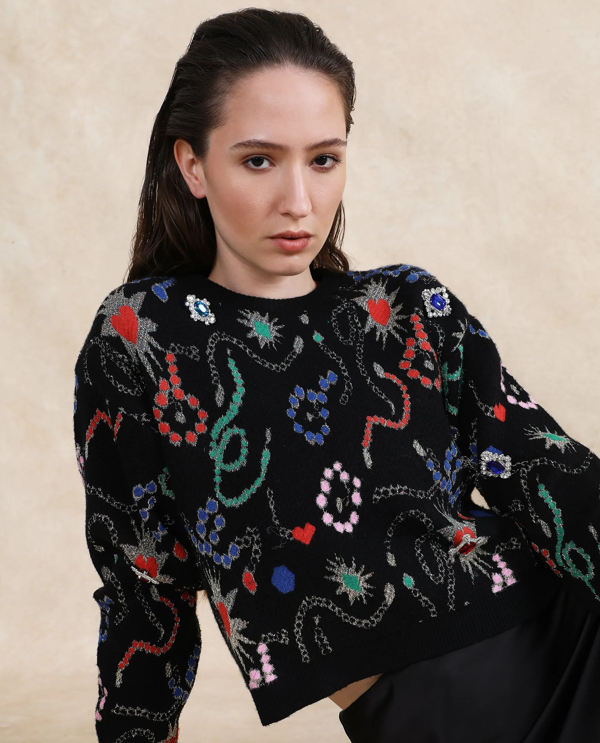 Rareism Women Adana Black Printed Sweater