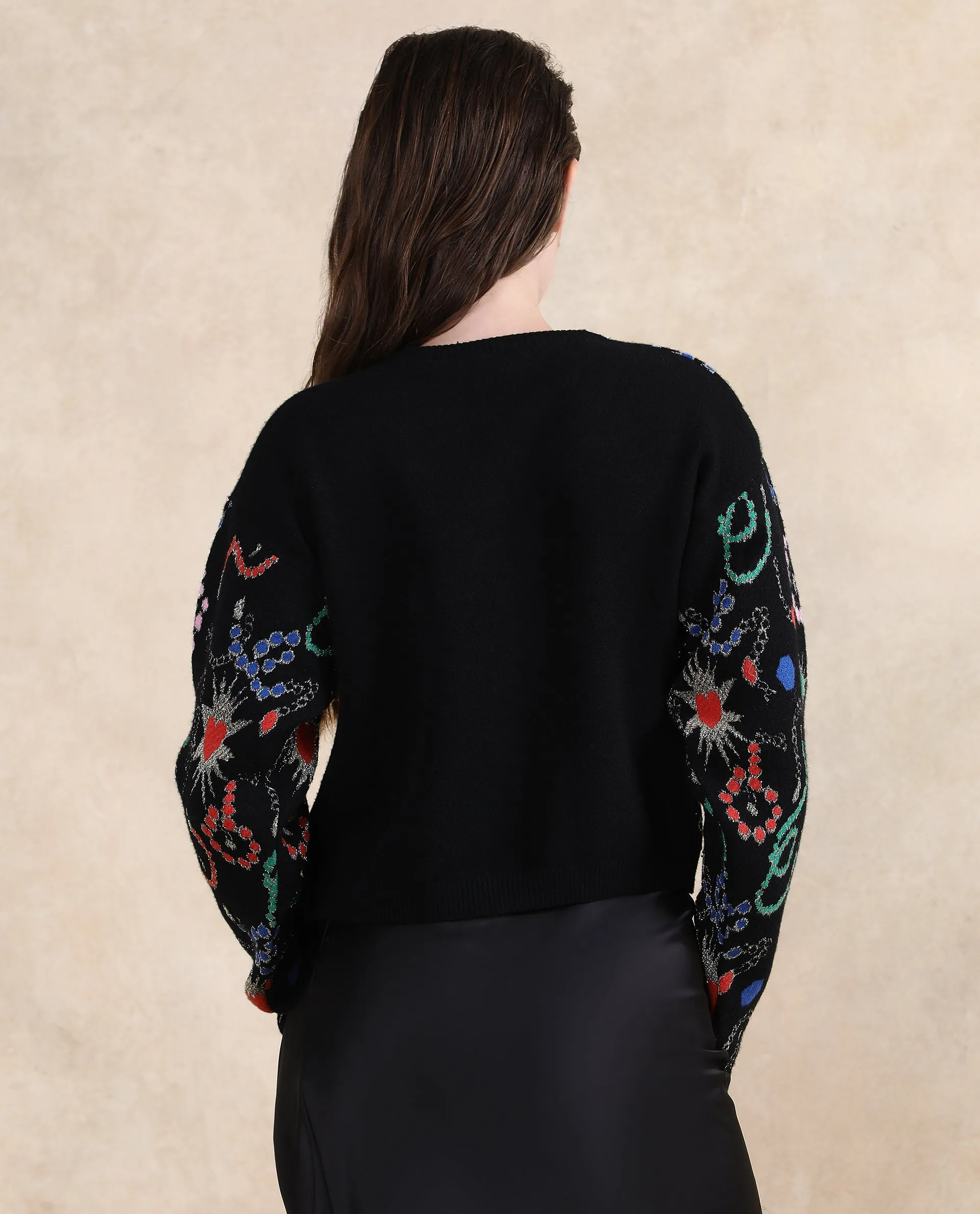 Rareism Women Adana Black Printed Sweater