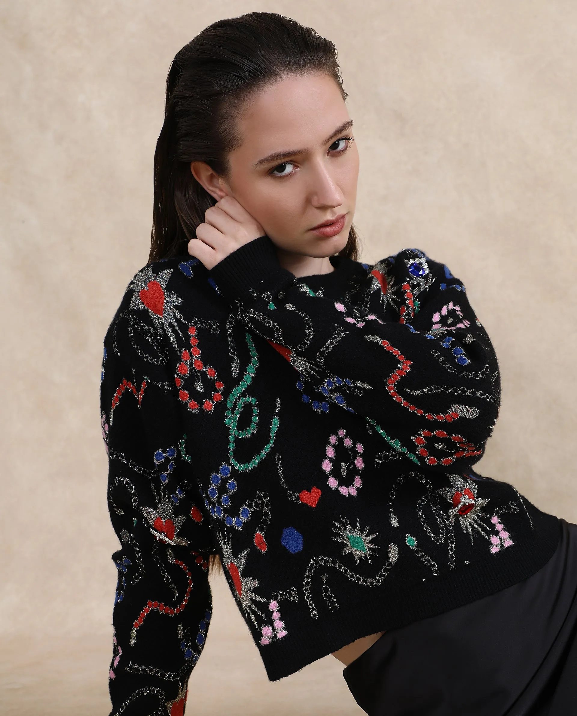 Rareism Women Adana Black Printed Sweater