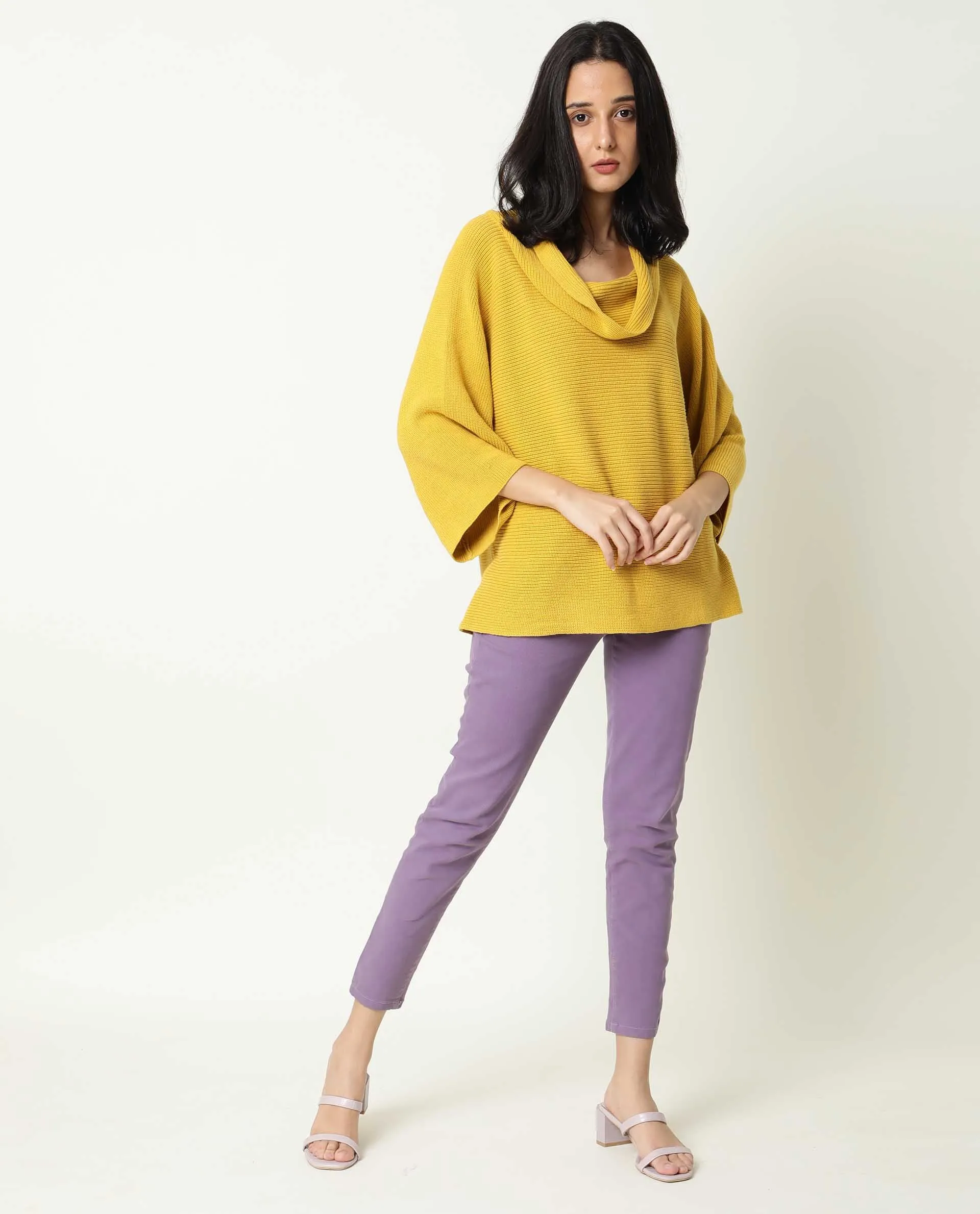 Rareism Women Cleo Mustard  3/4Th Sleeves Relaxed Fit Solid Cowl Neck Sweater