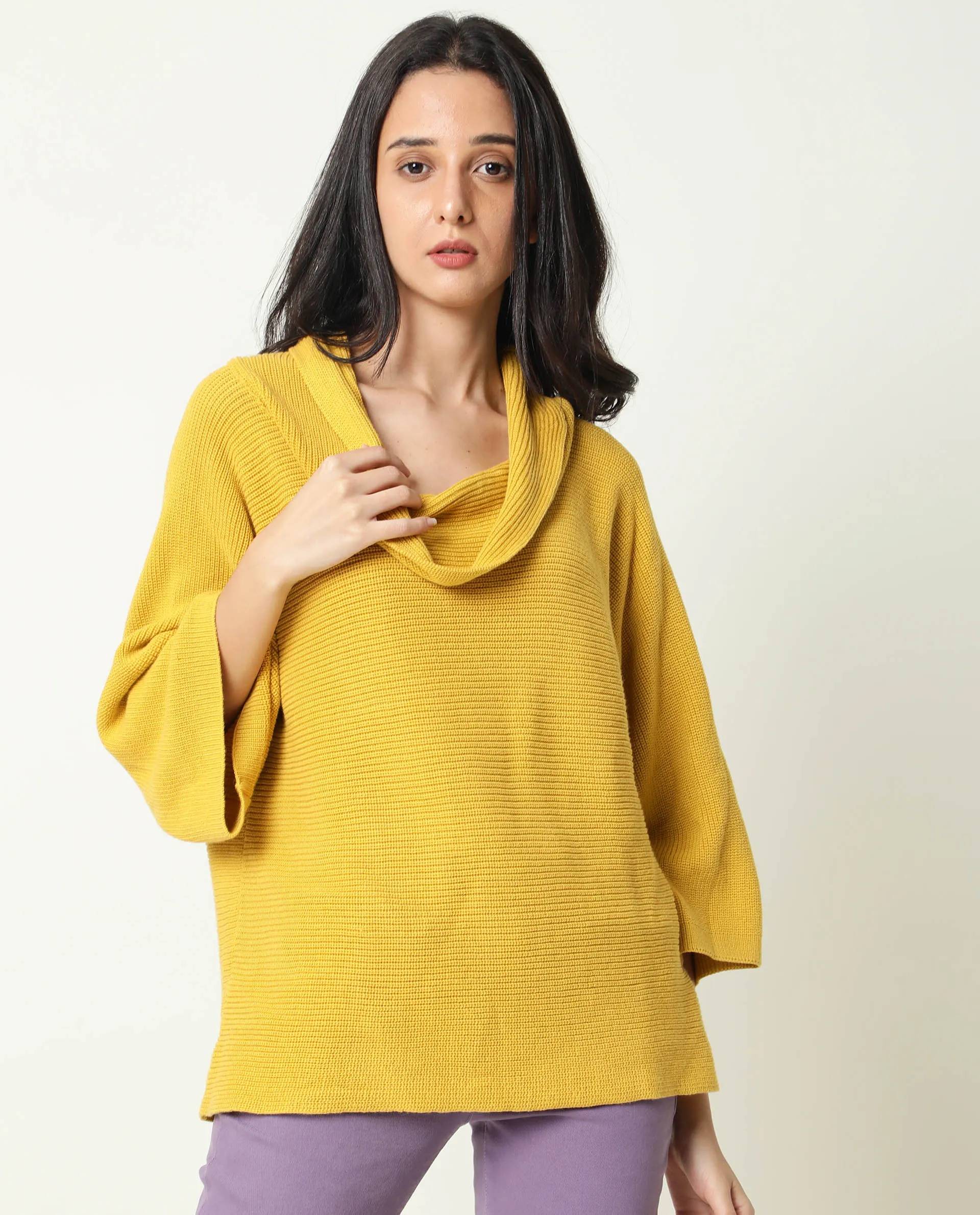 Rareism Women Cleo Mustard  3/4Th Sleeves Relaxed Fit Solid Cowl Neck Sweater