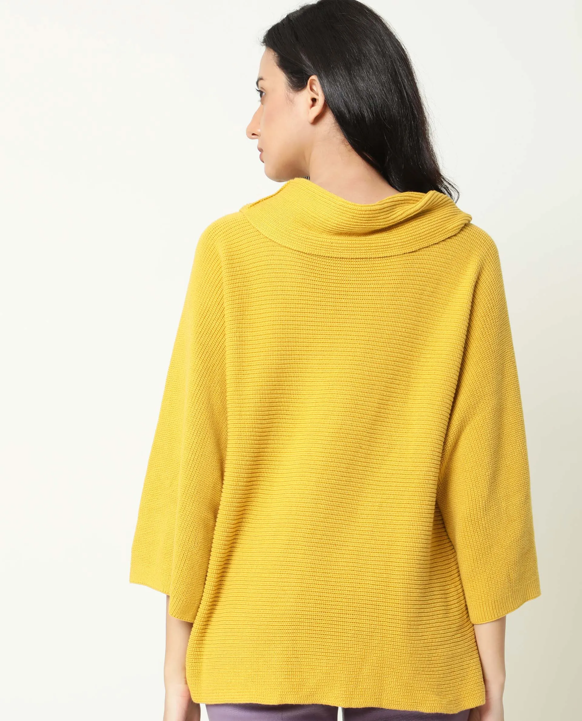 Rareism Women Cleo Mustard  3/4Th Sleeves Relaxed Fit Solid Cowl Neck Sweater