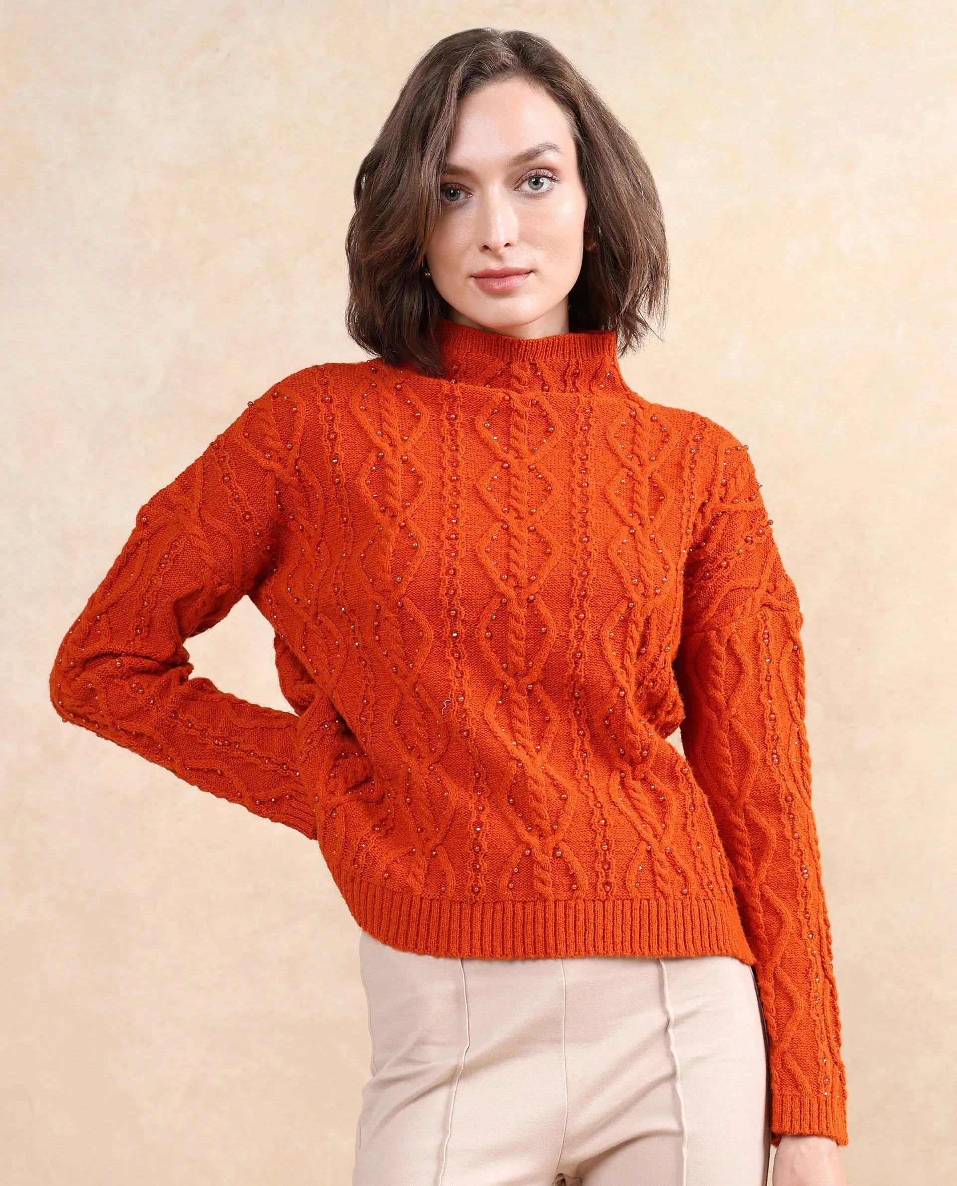 Rareism Women Osmaniye Rust Plain Sweater