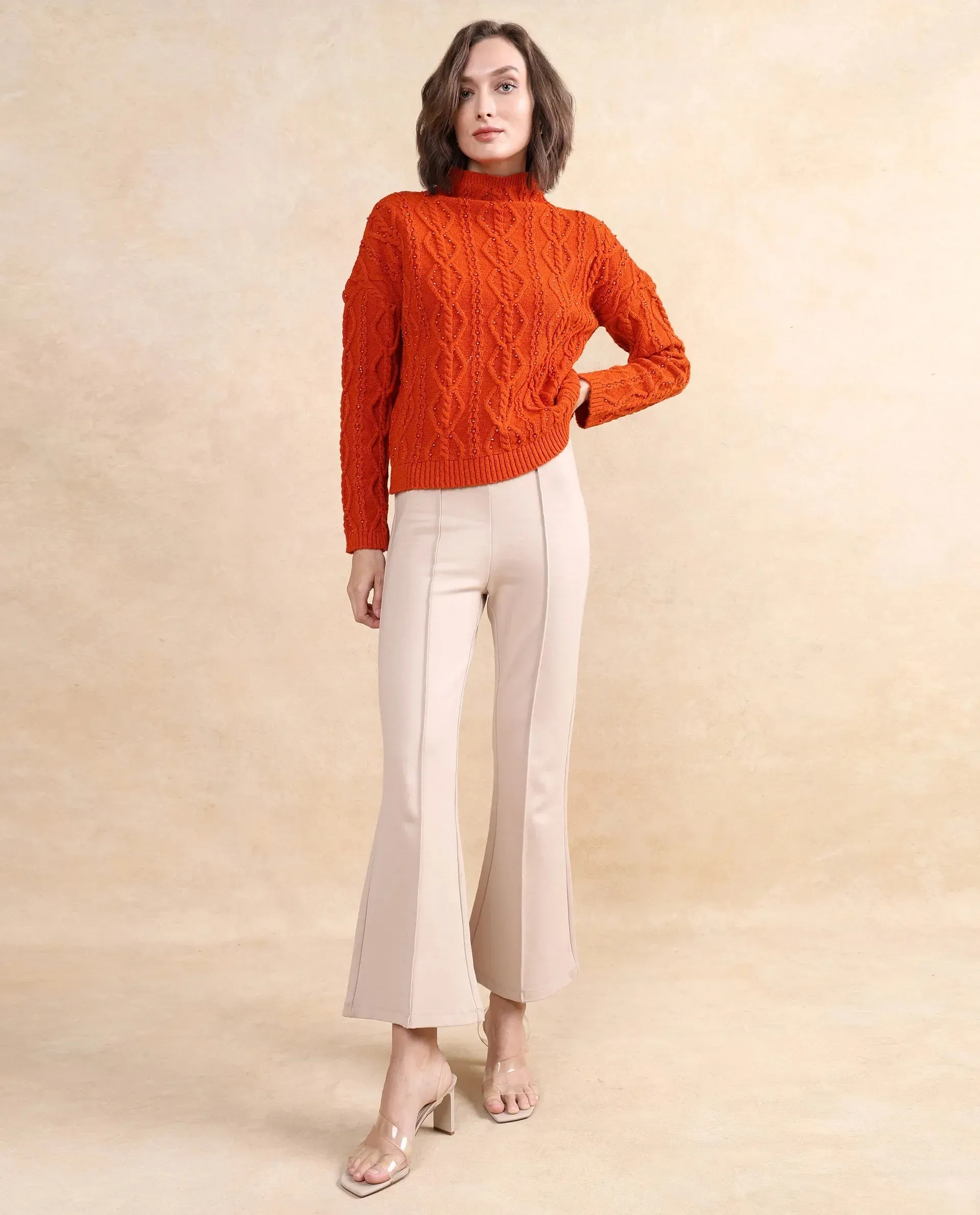 Rareism Women Osmaniye Rust Plain Sweater