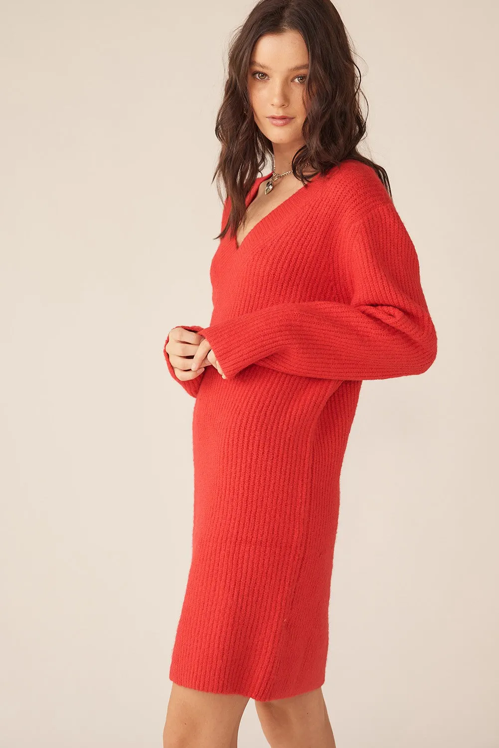 Red V-Neck Oversized Sweater Dress