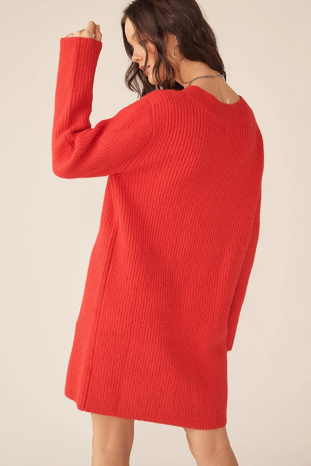 Red V-Neck Oversized Sweater Dress