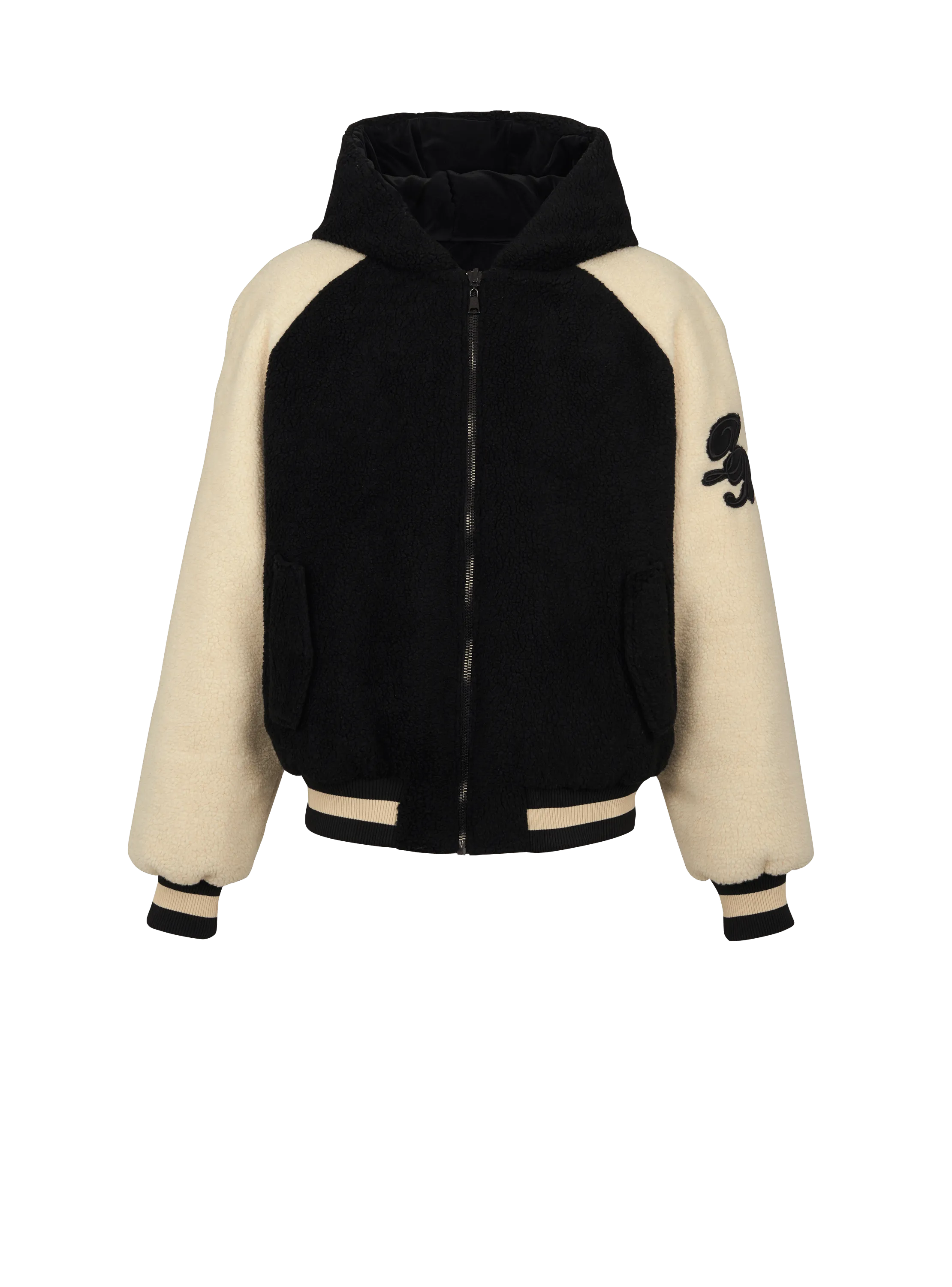 Reversible varsity-style puffer jacket with hood