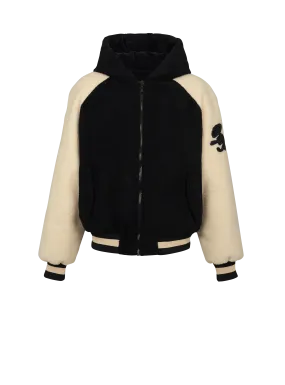 Reversible varsity-style puffer jacket with hood