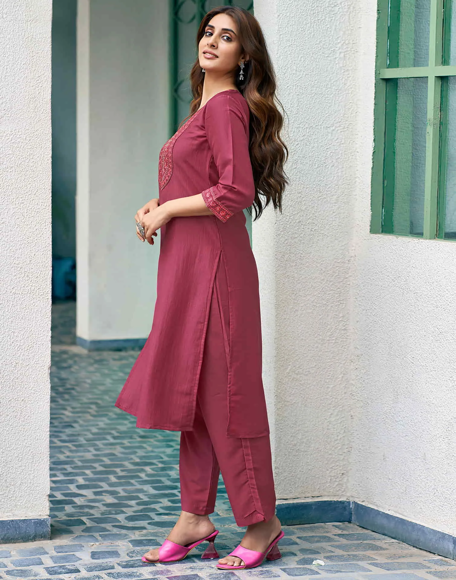 Rouge Pink Sequence Chinnon Straight Kurta With Pant And Dupatta