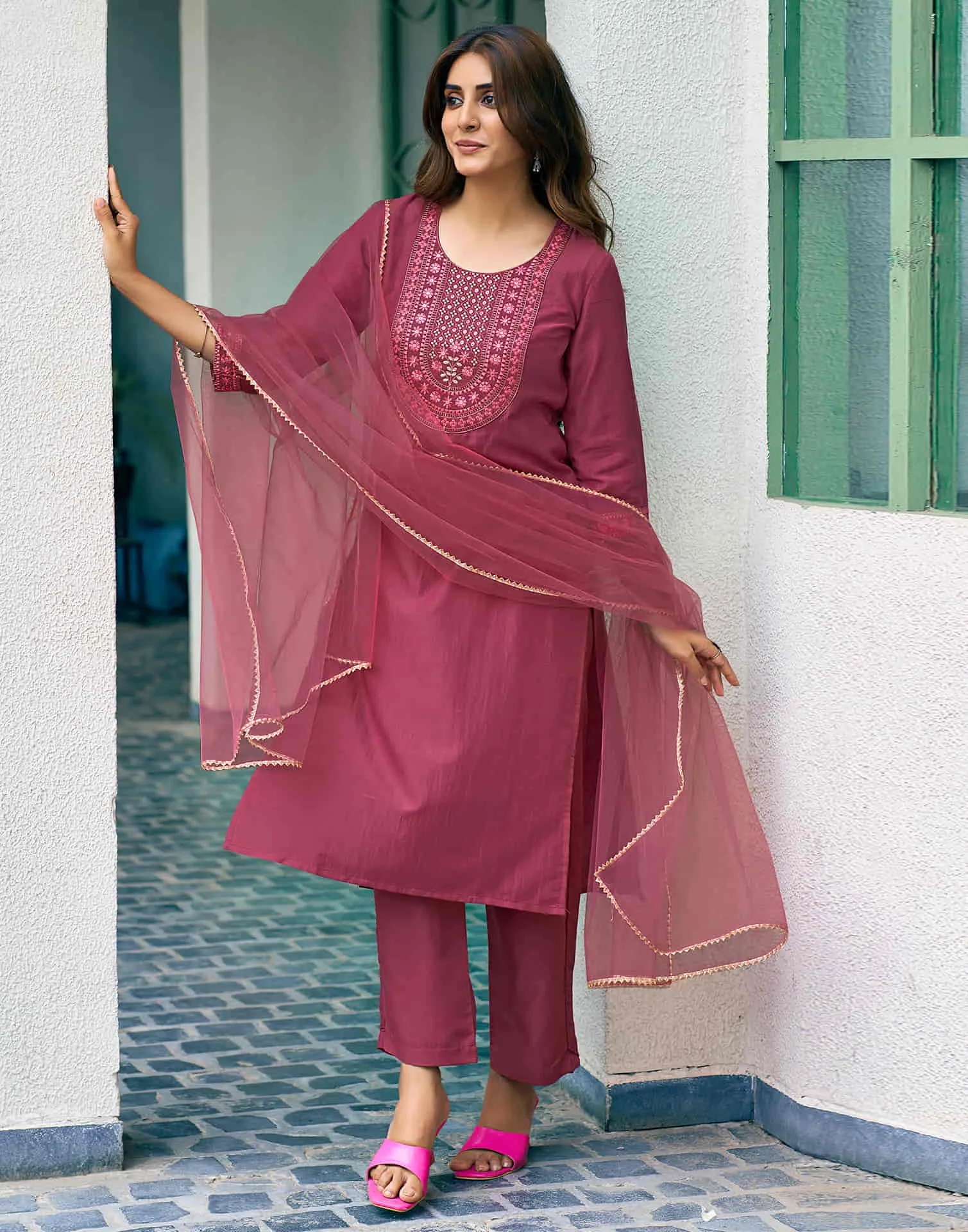 Rouge Pink Sequence Chinnon Straight Kurta With Pant And Dupatta