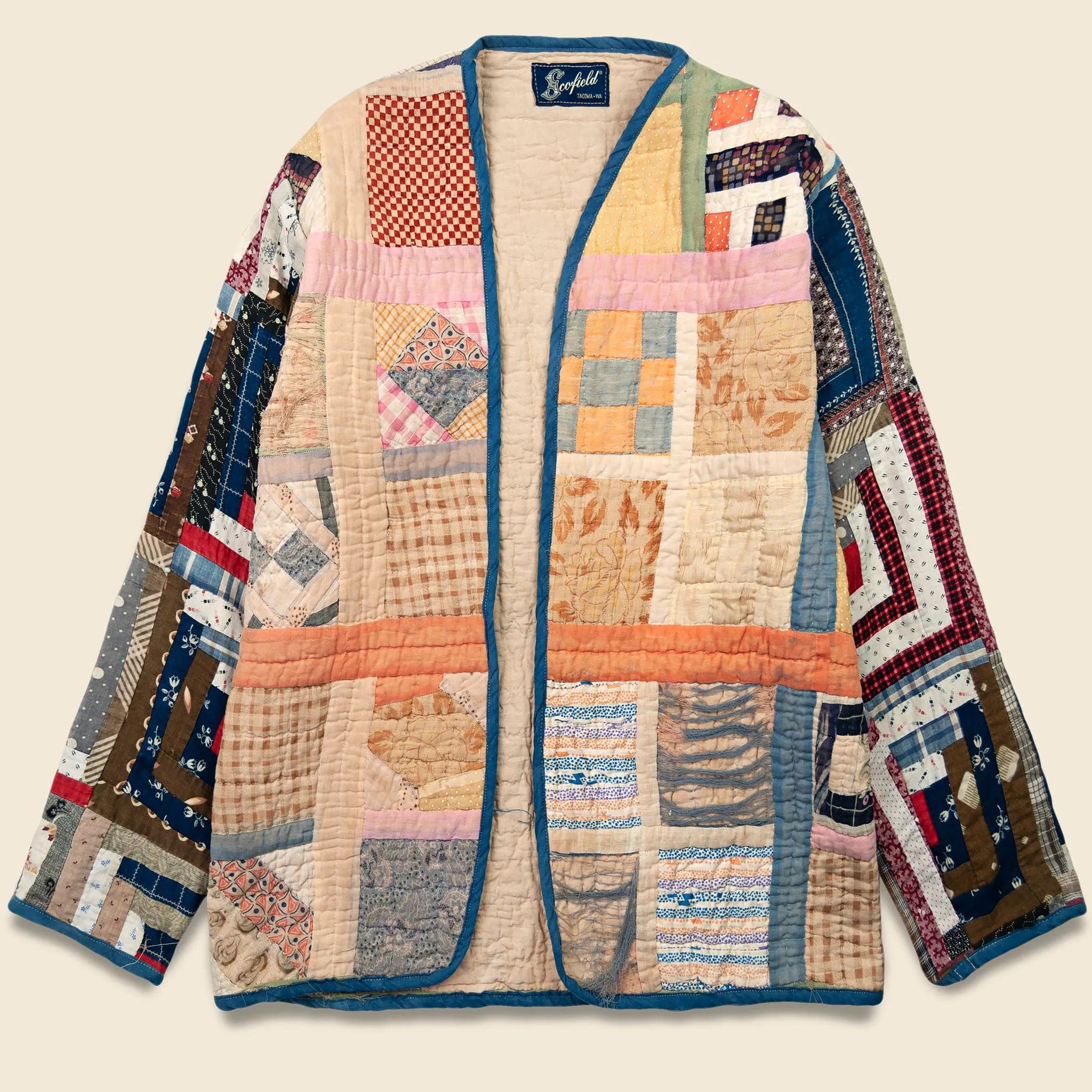 Scofield Cross w/ Log Cabin Sleeves Quilt Kimono - Beige/Multi