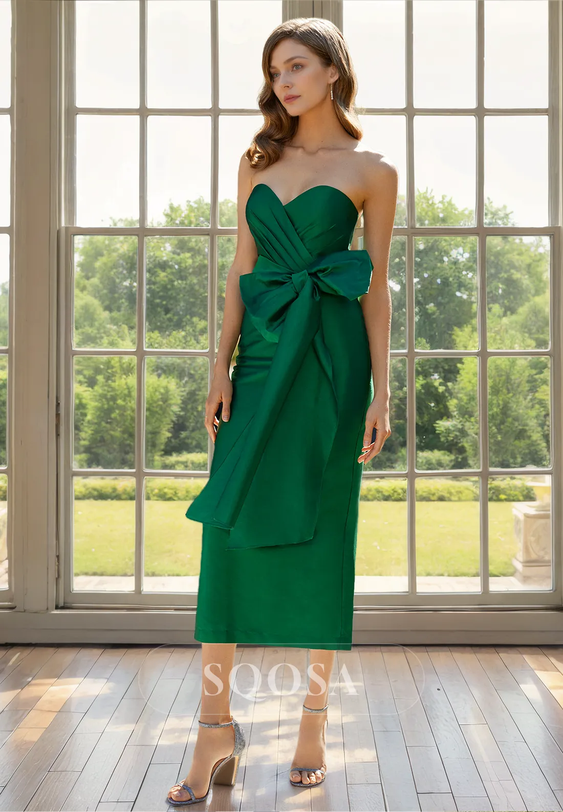 Sheath Sweetheart Pleats Half Sleeves Green Cocktail Dress Elegant Mother of the Bride Dress