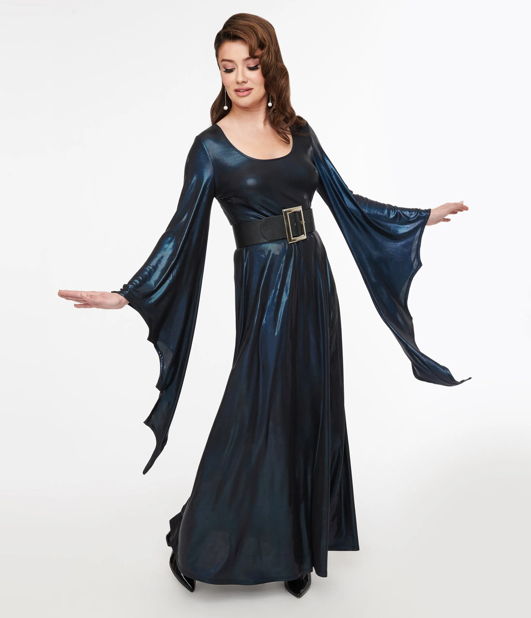 Smak Parlour 1960s Iridescent Dark Blue Bat Wing Sleeve Maxi Dress