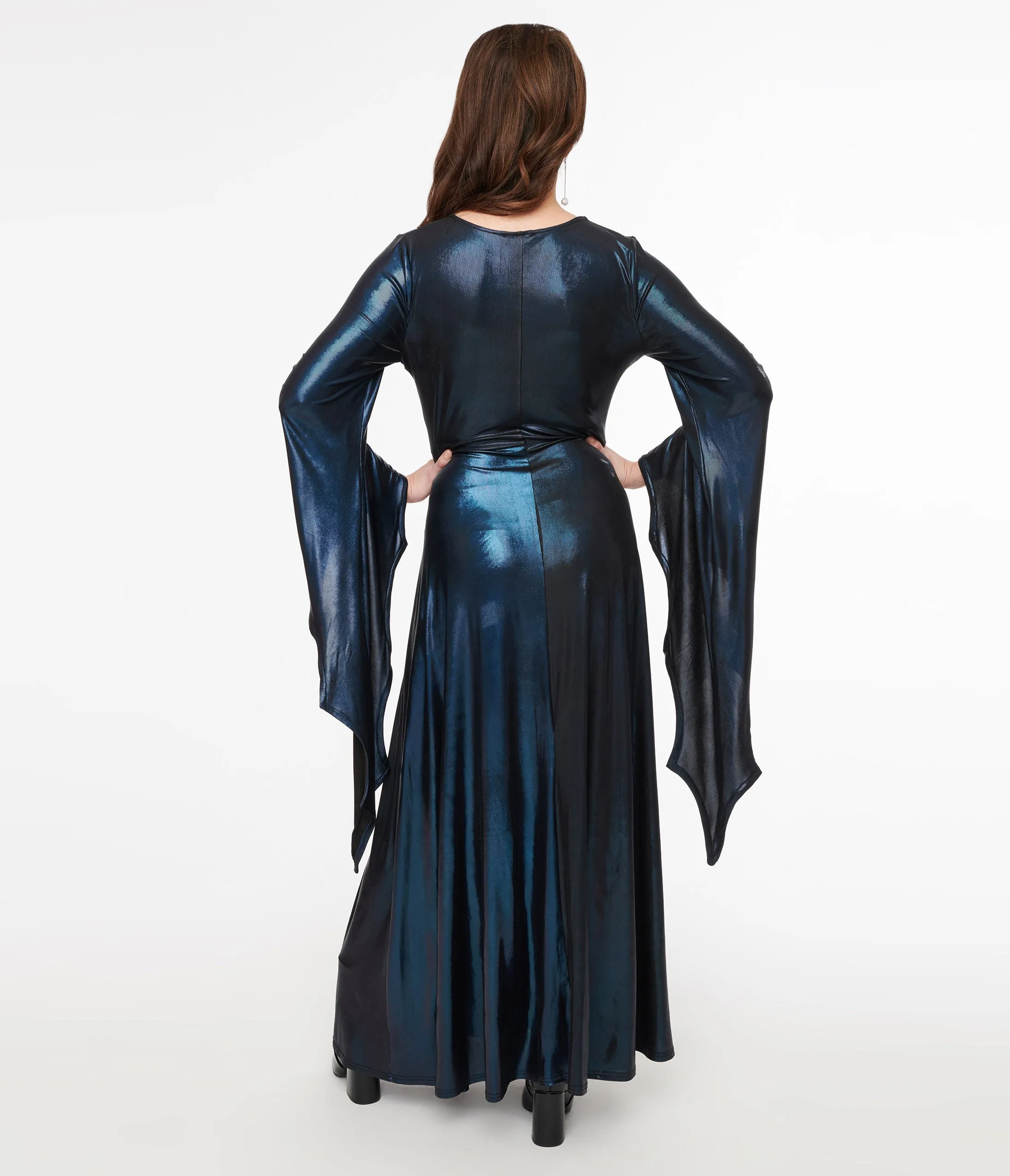 Smak Parlour 1960s Iridescent Dark Blue Bat Wing Sleeve Maxi Dress