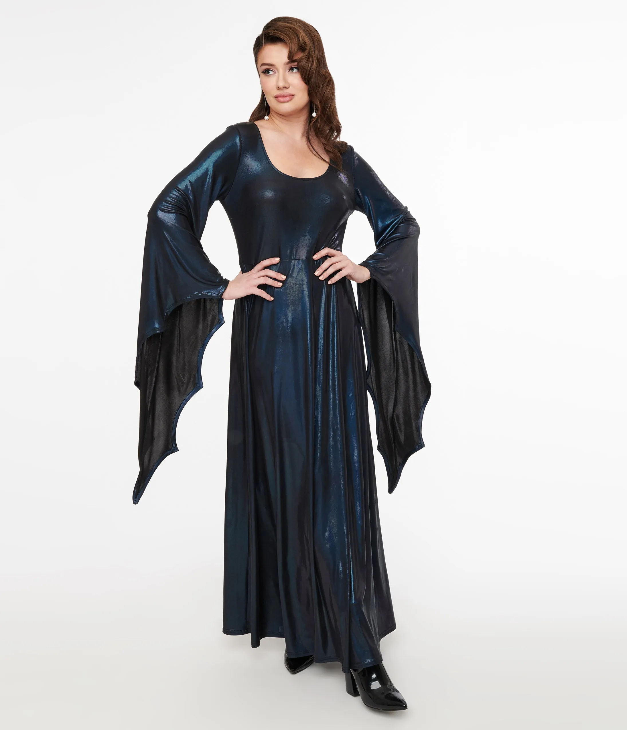 Smak Parlour 1960s Iridescent Dark Blue Bat Wing Sleeve Maxi Dress