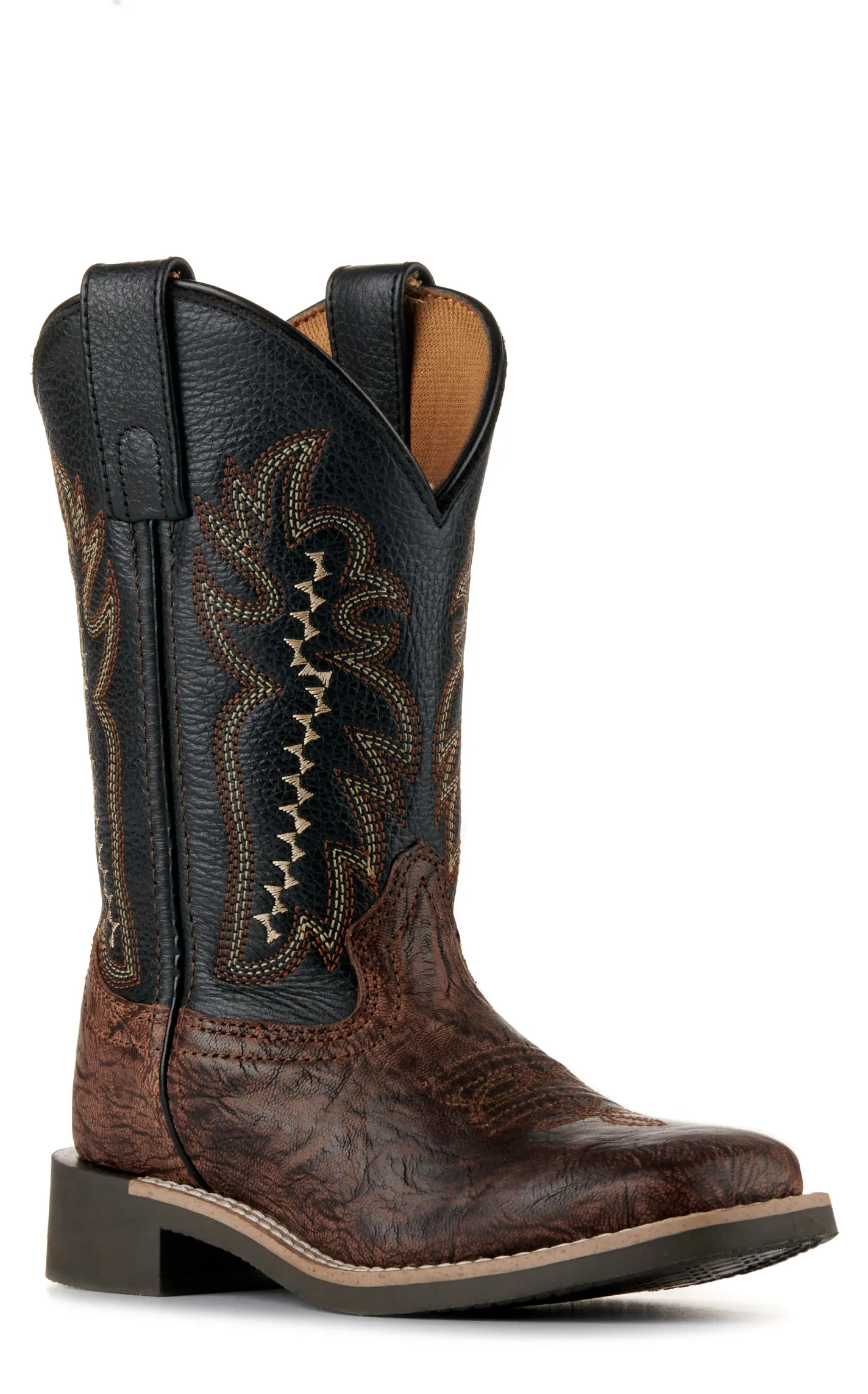 Smoky Mountain Youth Antique Brown Exotic Print and Black Wide Square Toe Cowboy Boots