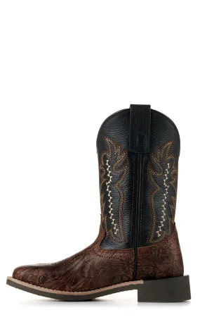 Smoky Mountain Youth Antique Brown Exotic Print and Black Wide Square Toe Cowboy Boots