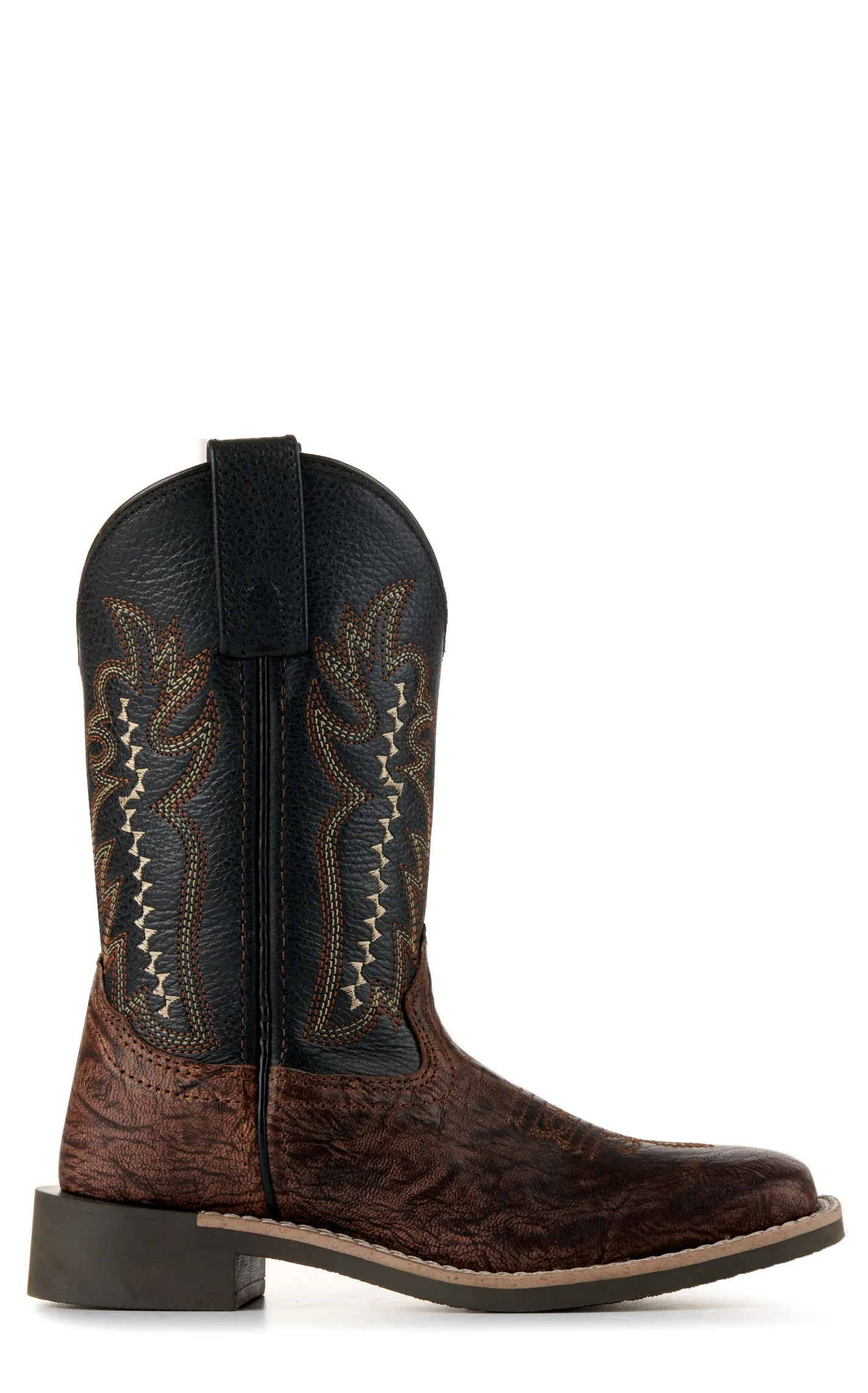 Smoky Mountain Youth Antique Brown Exotic Print and Black Wide Square Toe Cowboy Boots