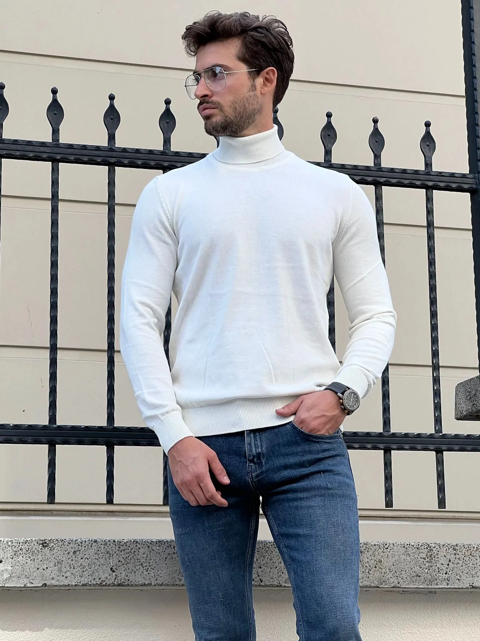 Stefano Slim Fit White Turtleneck Sweater