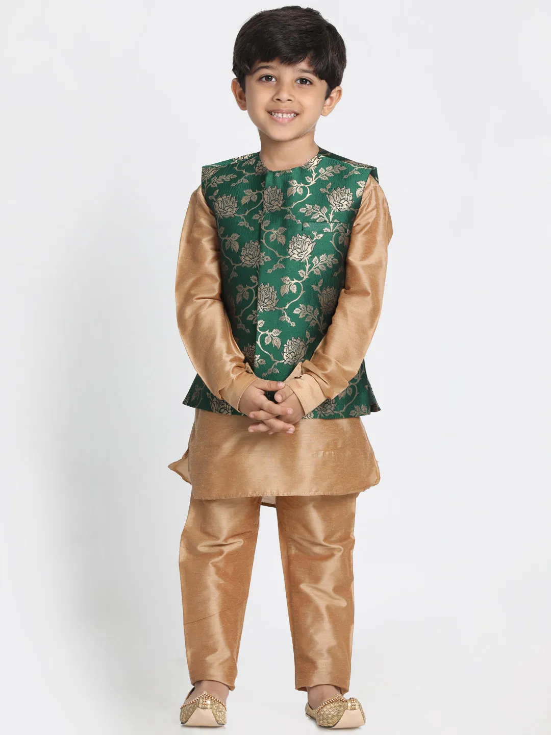 Vastramay Boys' Gold Cotton Silk Blend Kurta, Nehru Jacket and Pyjama Set