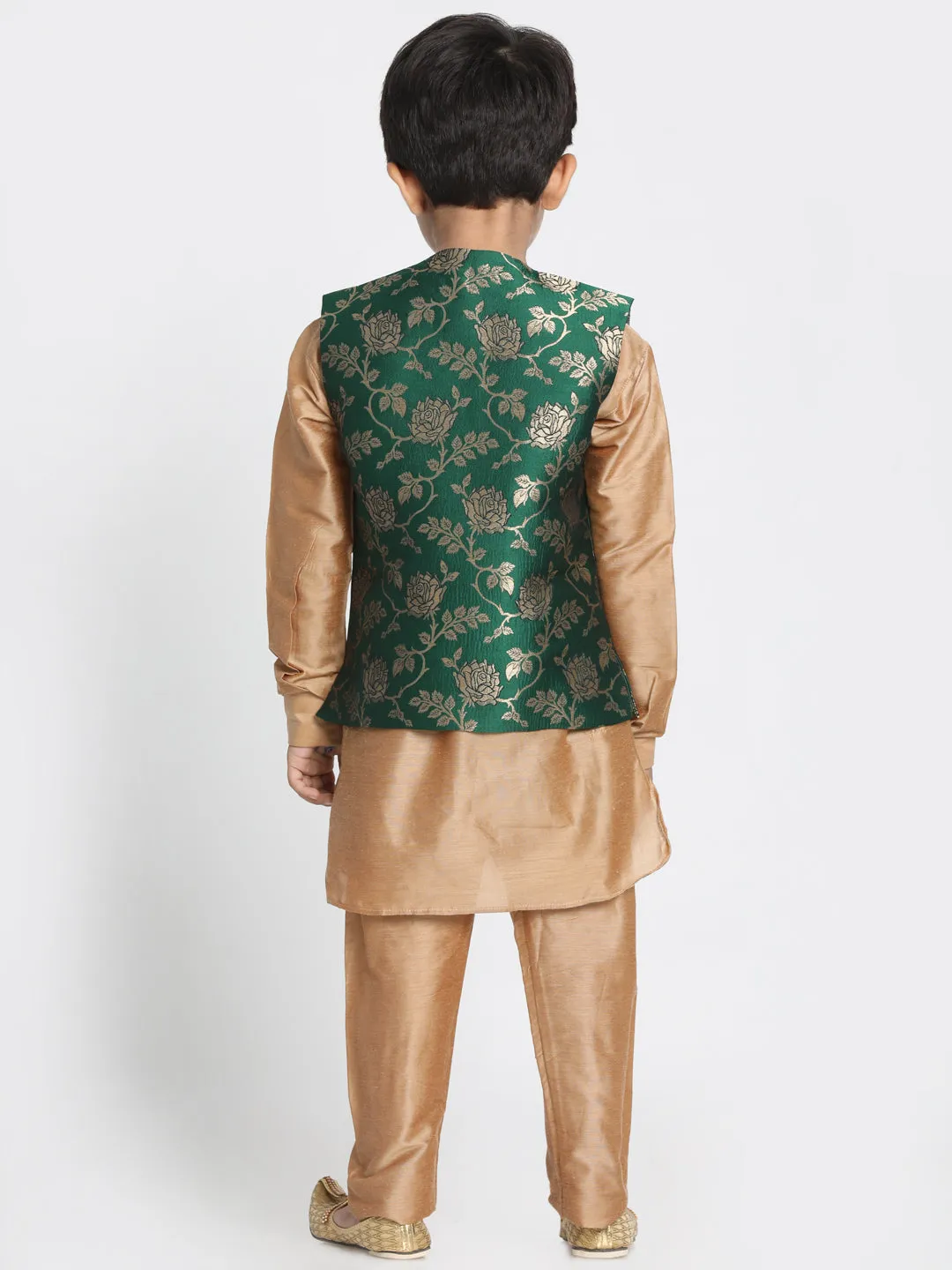 Vastramay Boys' Gold Cotton Silk Blend Kurta, Nehru Jacket and Pyjama Set