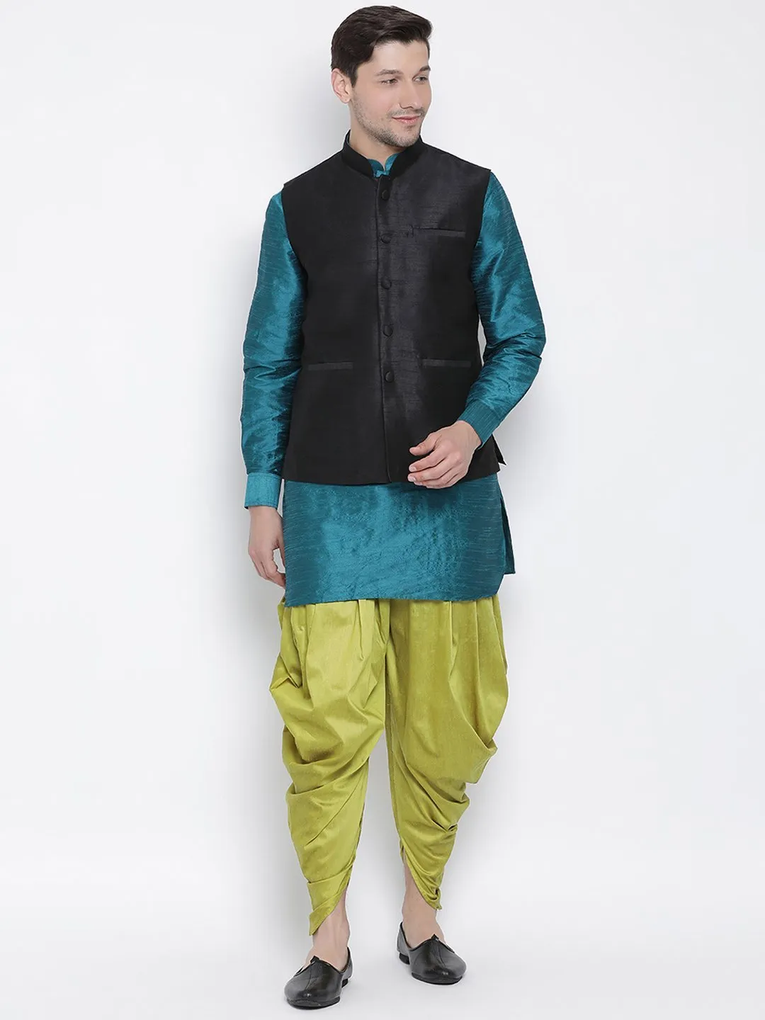 VASTRAMAY Men's Dark Green Cotton Silk Blend Ethnic Jacket, Kurta and Dhoti Pant Set