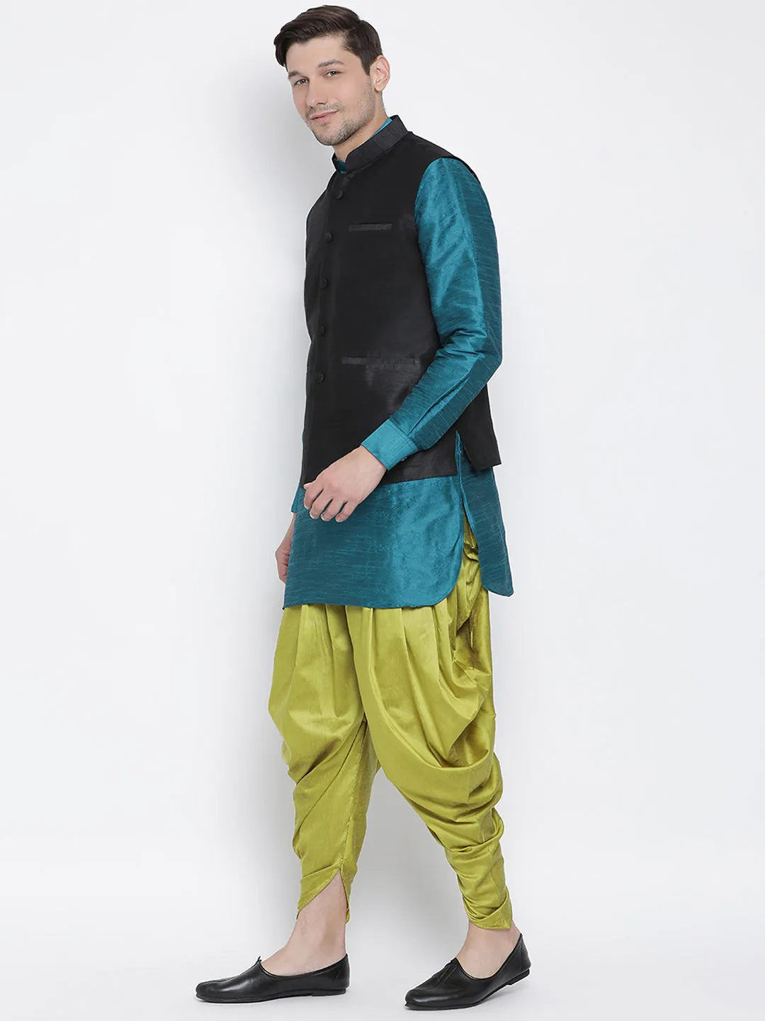 VASTRAMAY Men's Dark Green Cotton Silk Blend Ethnic Jacket, Kurta and Dhoti Pant Set