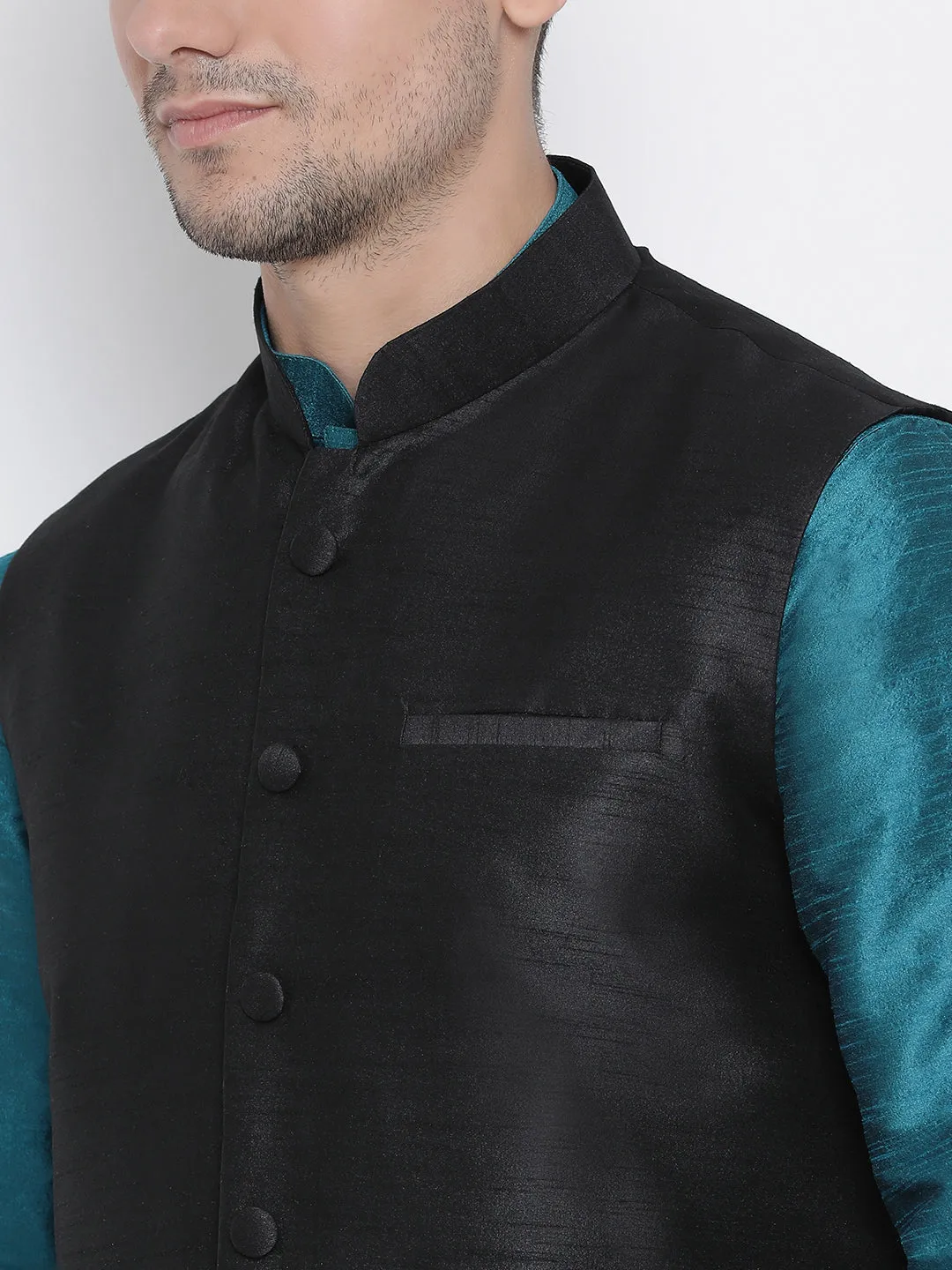 VASTRAMAY Men's Dark Green Cotton Silk Blend Ethnic Jacket, Kurta and Dhoti Pant Set