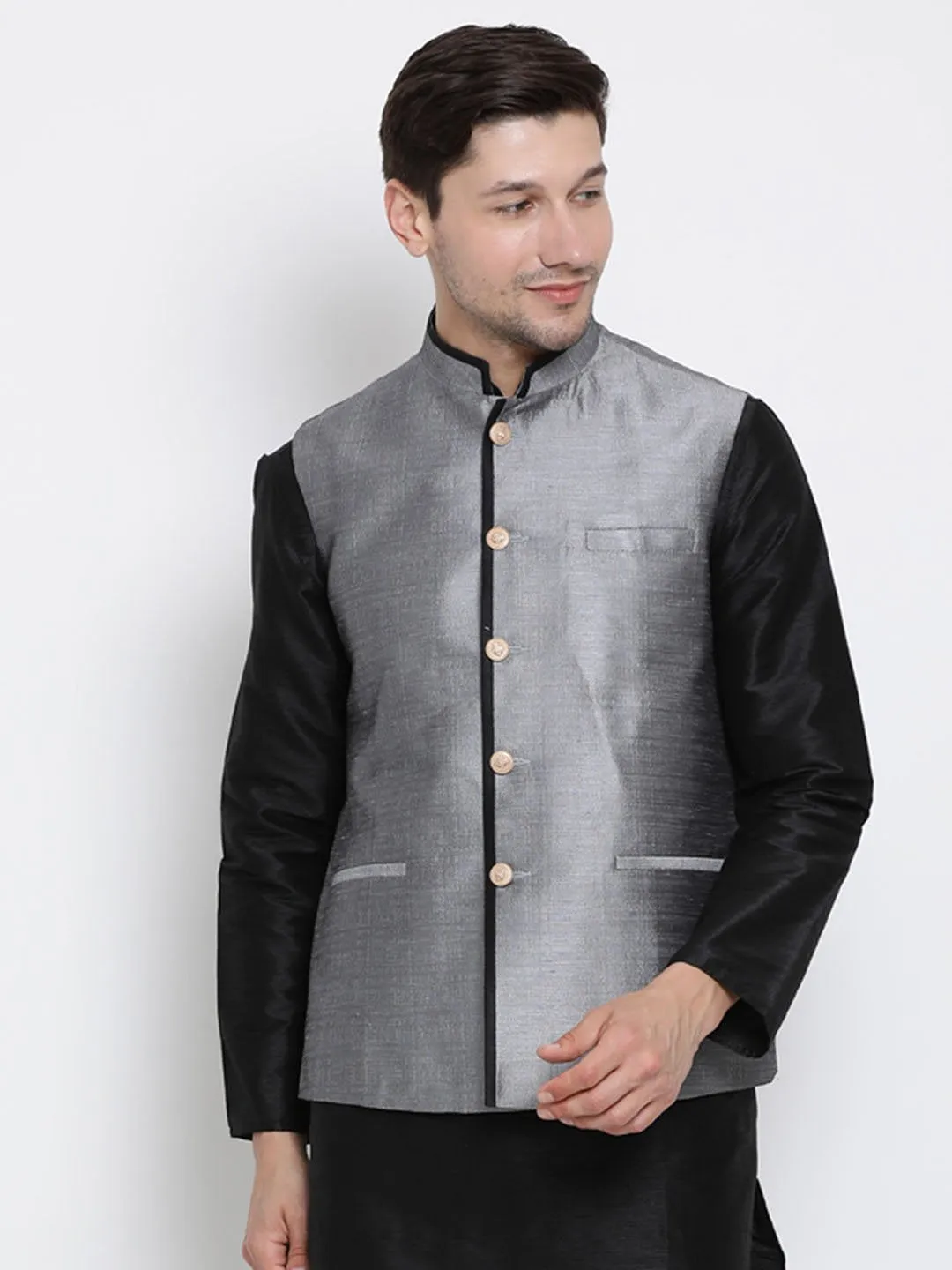 VASTRAMAY Men's Grey Cotton Silk Blend Ethnic Jacket