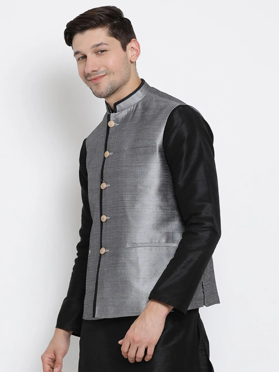 VASTRAMAY Men's Grey Cotton Silk Blend Ethnic Jacket