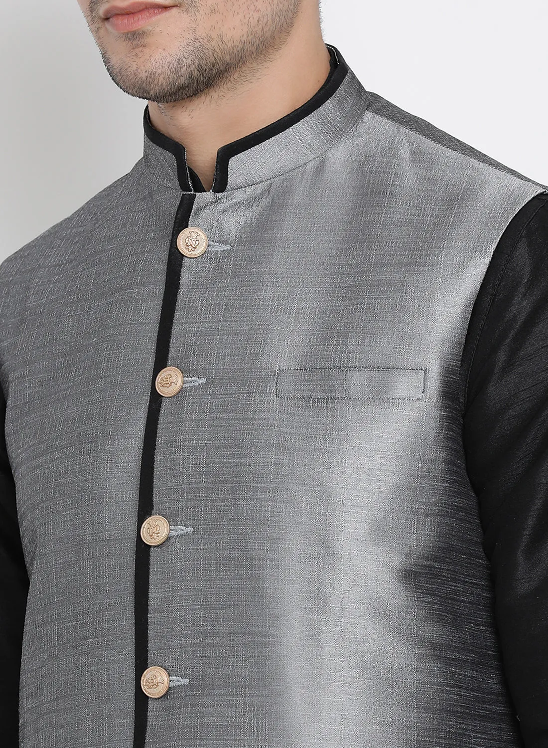 VASTRAMAY Men's Grey Cotton Silk Blend Ethnic Jacket