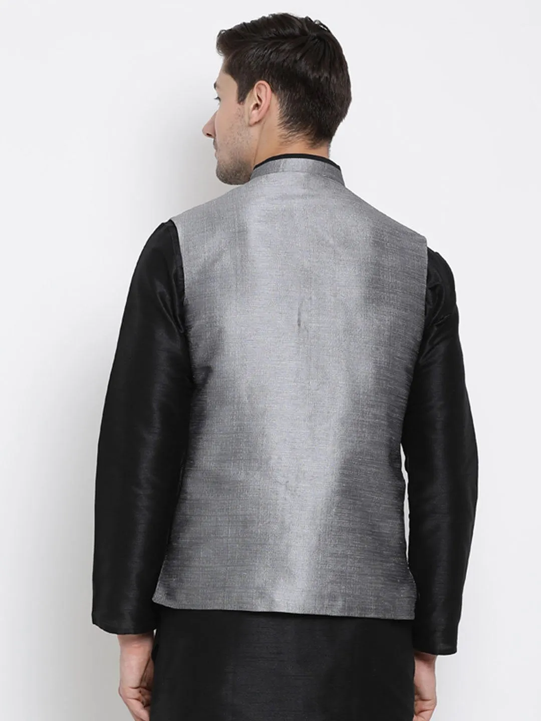 VASTRAMAY Men's Grey Cotton Silk Blend Ethnic Jacket