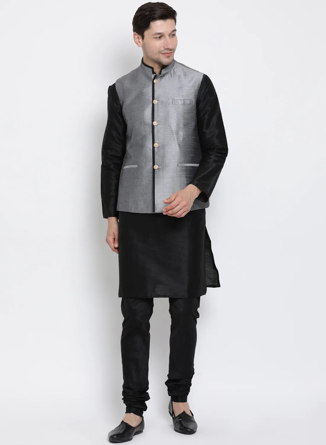 VASTRAMAY Men's Grey Cotton Silk Blend Ethnic Jacket