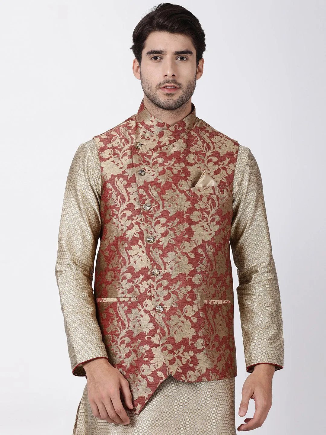 VASTRAMAY Men's Maroon Cotton Silk Blend Ethnic Jacket