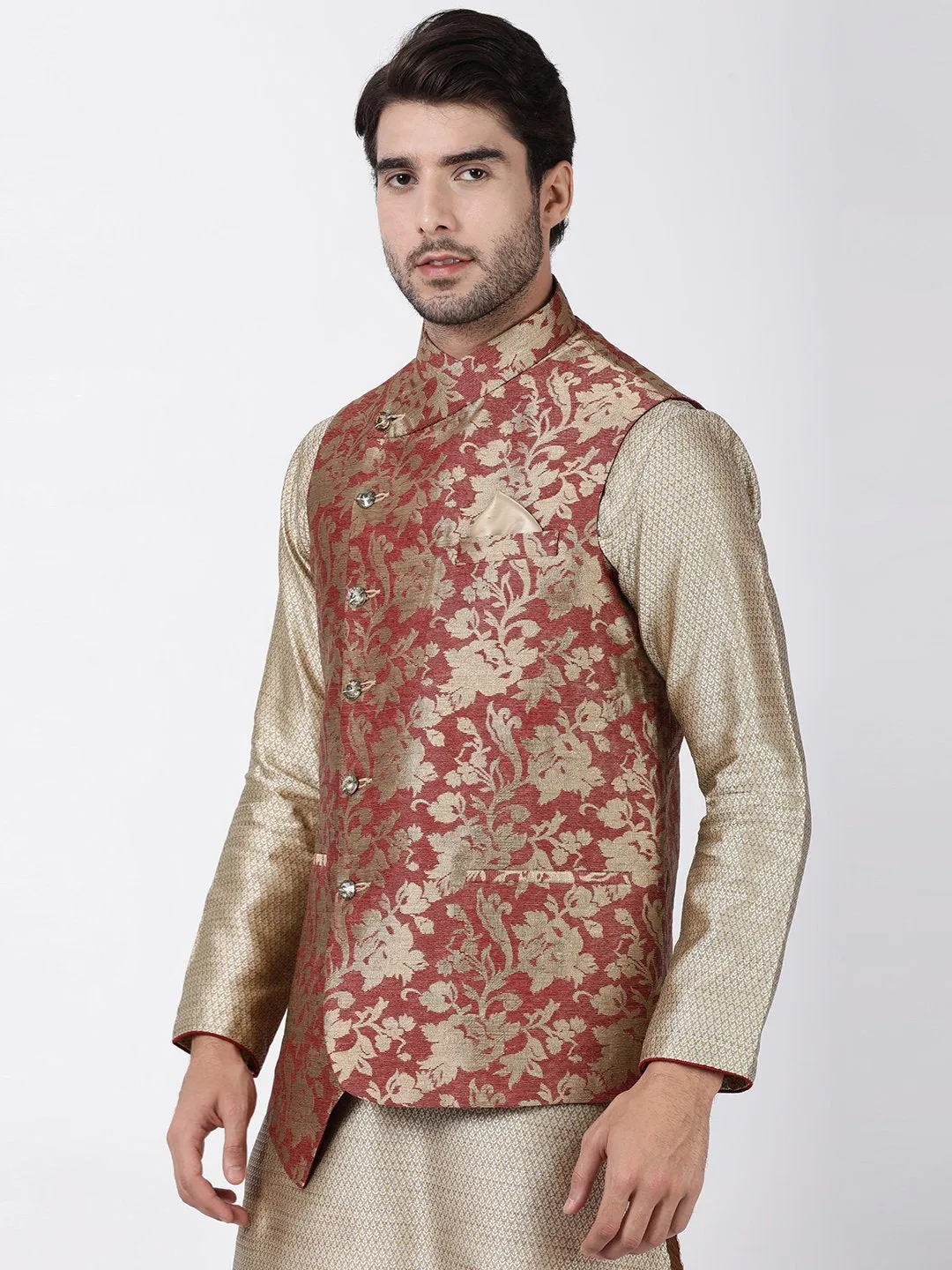 VASTRAMAY Men's Maroon Cotton Silk Blend Ethnic Jacket