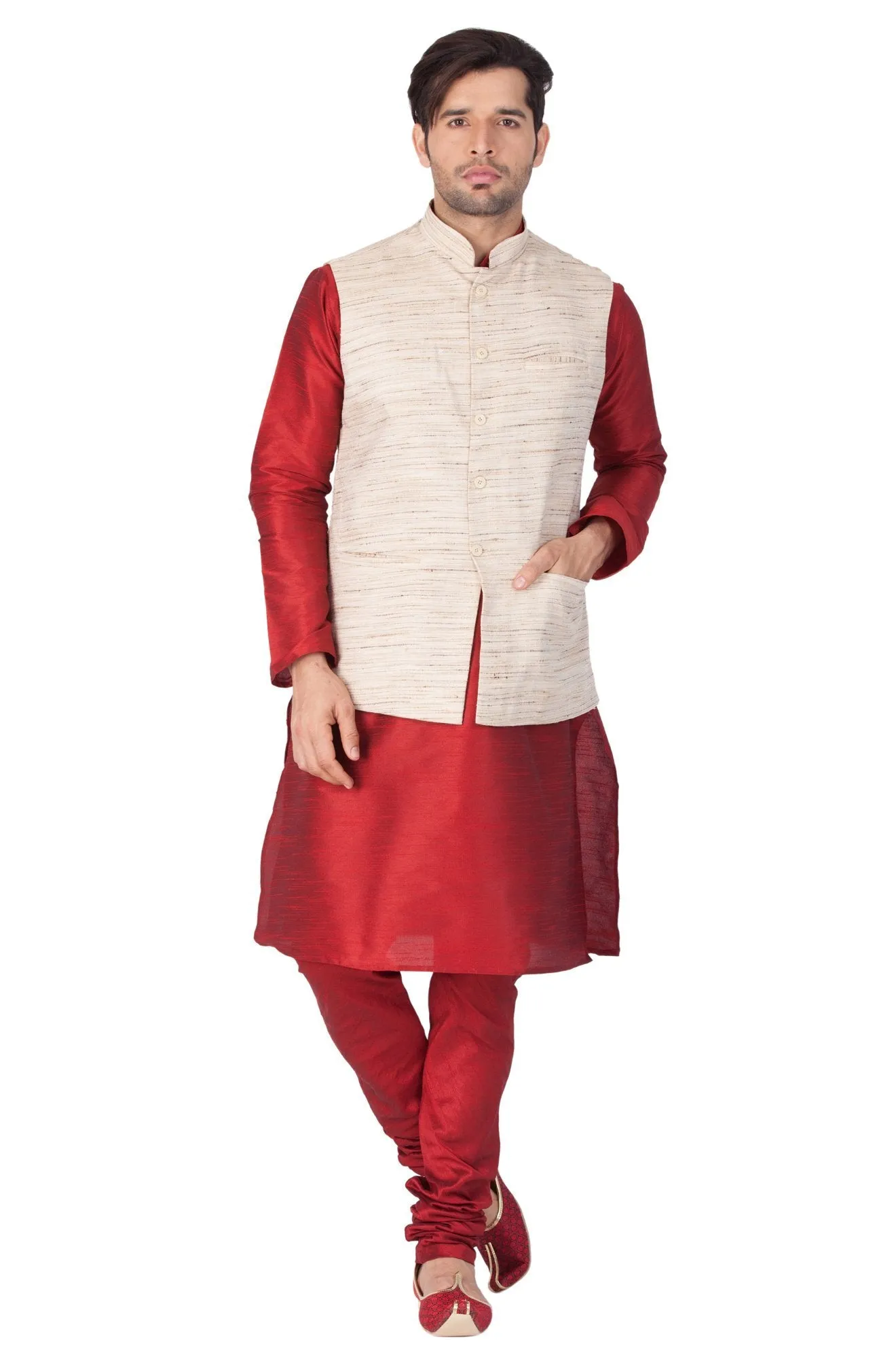 VASTRAMAY Men's Maroon Cotton Silk Blend Kurta, Ethnic Jacket and Pyjama Set