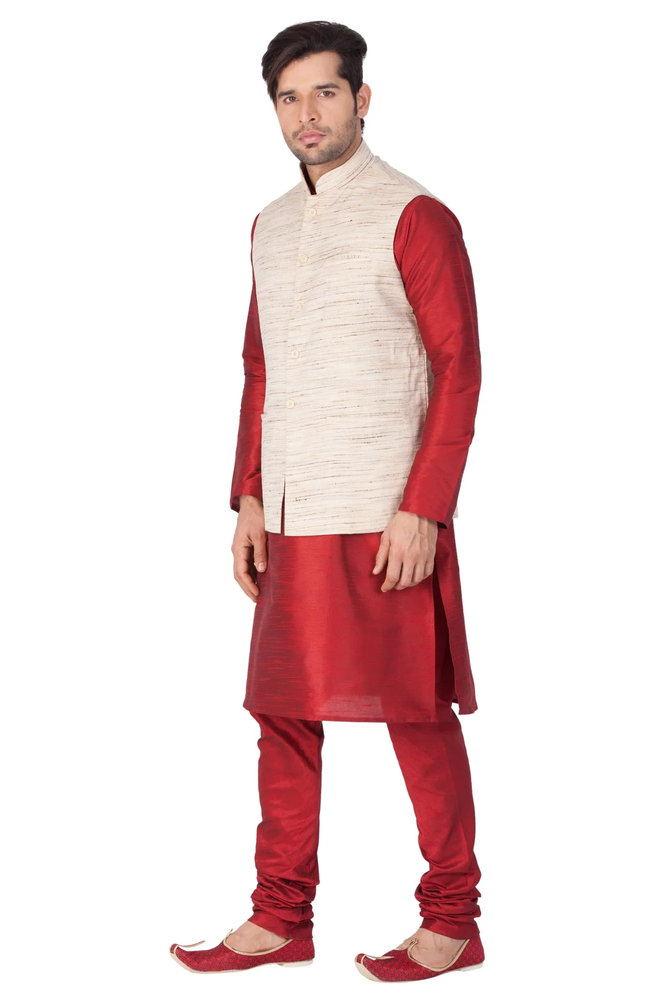 VASTRAMAY Men's Maroon Cotton Silk Blend Kurta, Ethnic Jacket and Pyjama Set