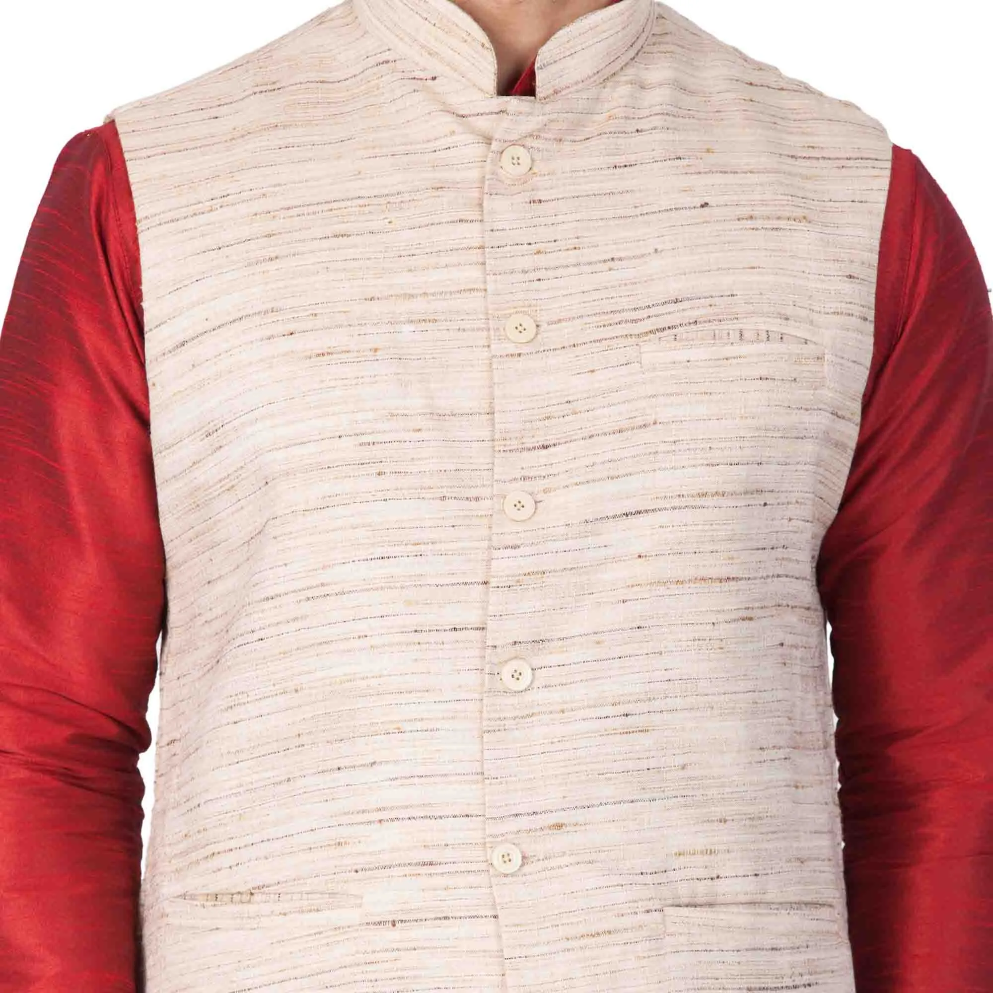 VASTRAMAY Men's Maroon Cotton Silk Blend Kurta, Ethnic Jacket and Pyjama Set