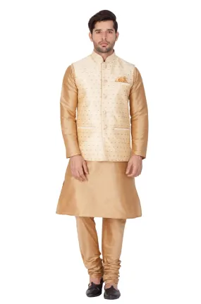 VM By VASTRAMAY Men's Gold Zari Weaved Jacket With Kurta Pyjama Set