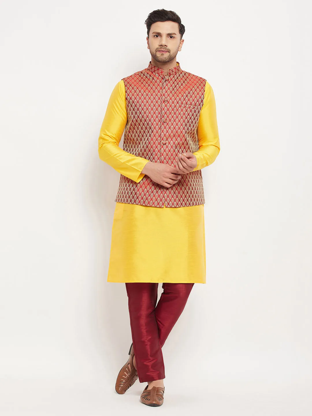 VM BY VASTRAMAY Men's Maroon Woven Ethnic Jacket, Yellow Kurta and Maroon Pant Style Pyjama Set