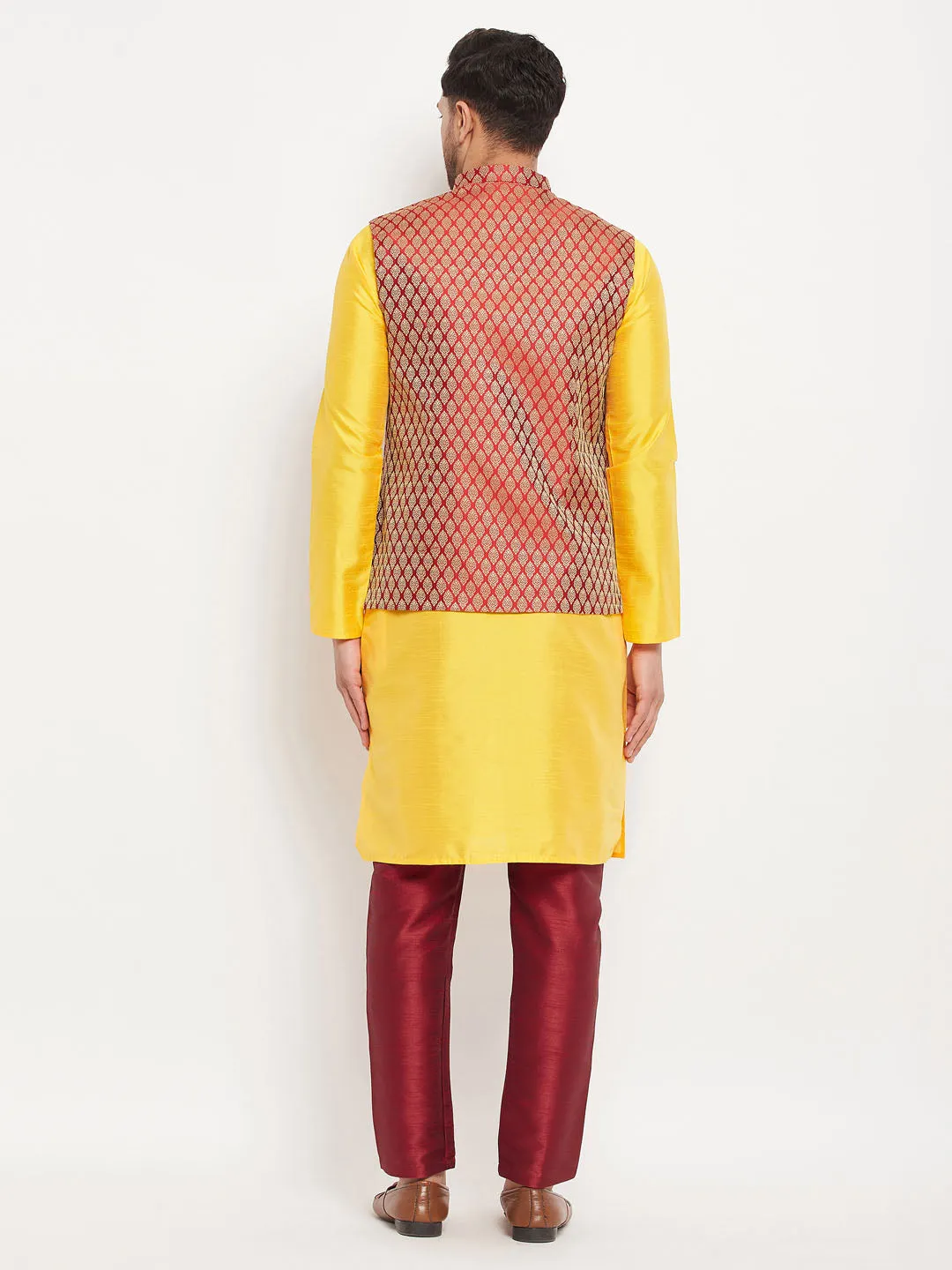 VM BY VASTRAMAY Men's Maroon Woven Ethnic Jacket, Yellow Kurta and Maroon Pant Style Pyjama Set