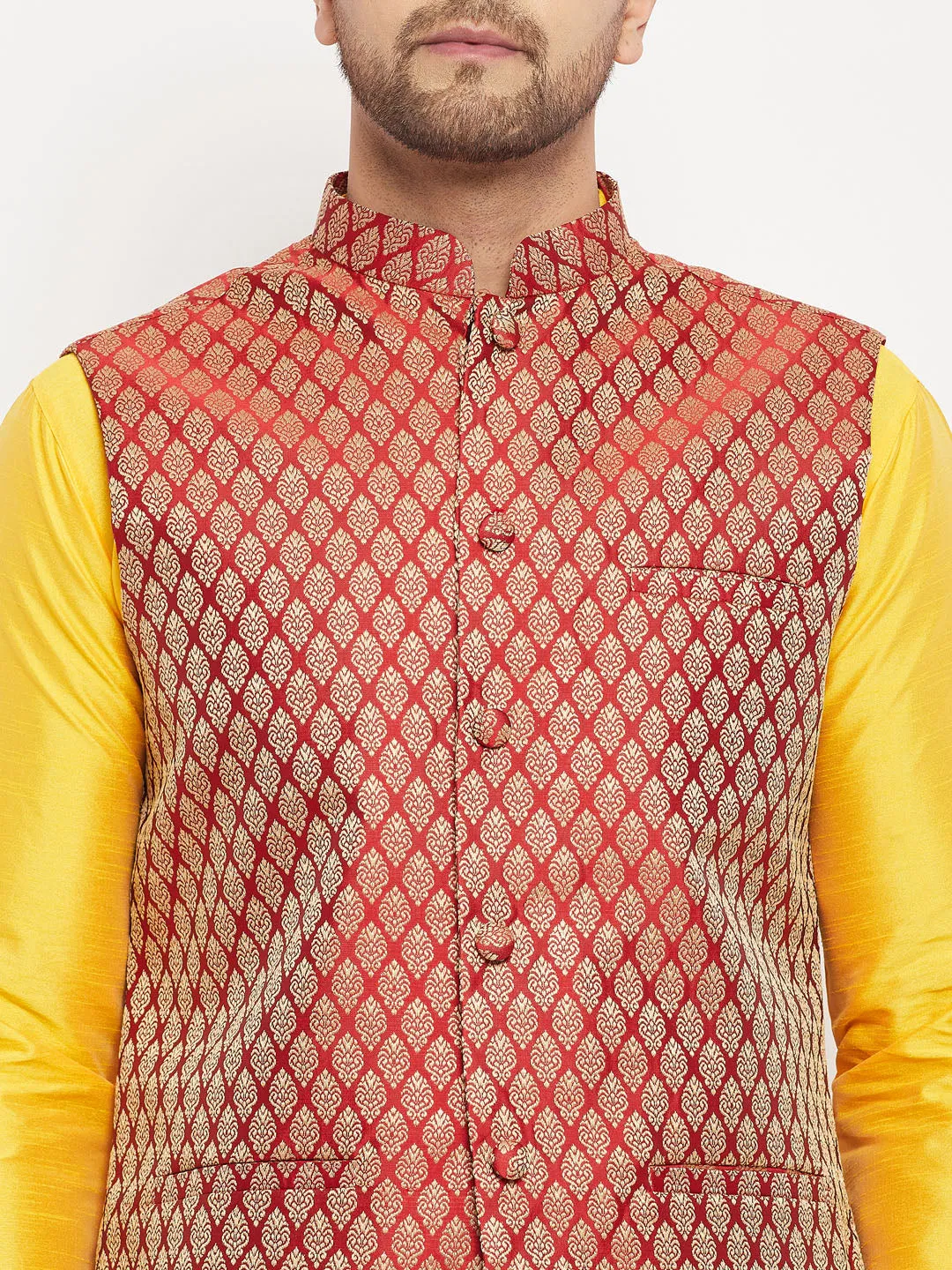 VM BY VASTRAMAY Men's Maroon Woven Ethnic Jacket, Yellow Kurta and Maroon Pant Style Pyjama Set