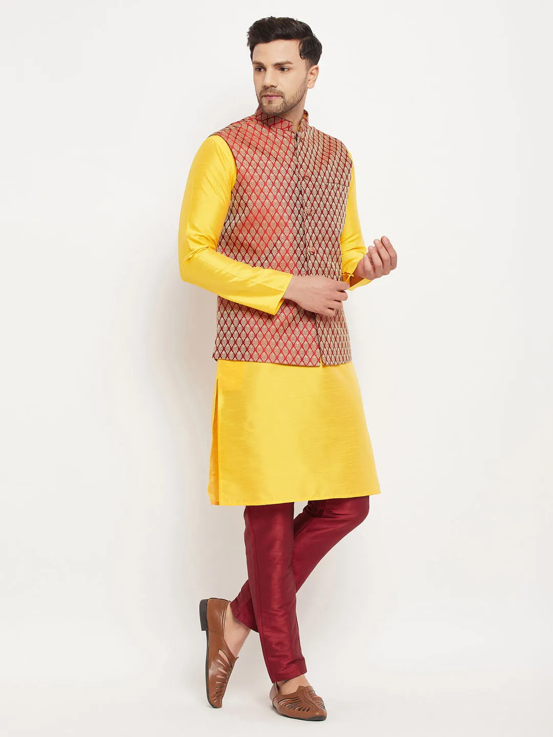 VM BY VASTRAMAY Men's Maroon Woven Ethnic Jacket, Yellow Kurta and Maroon Pant Style Pyjama Set