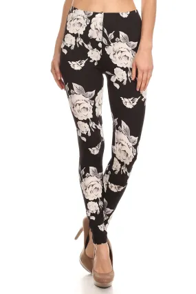 Women's 3 X 5X White Big Rose Floral Flower Pattern Printed Leggings