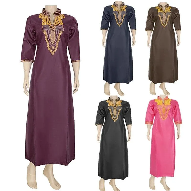 Women's Embroidered African Robe Batik Fabric Muslim Jilbab Abaya Dress