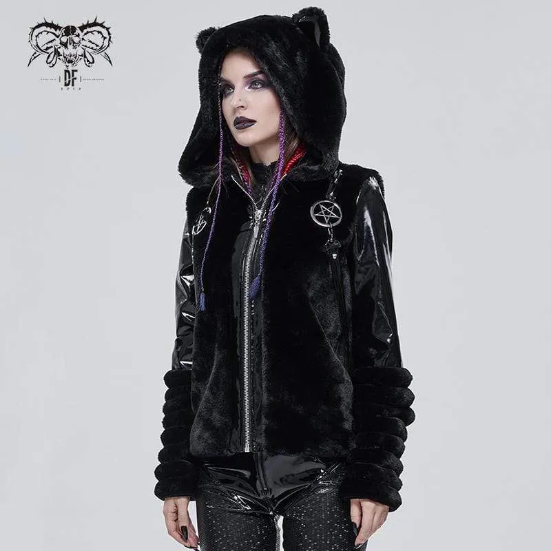 Women's Gothic Pentagram Splice Jacket with Ears Hood