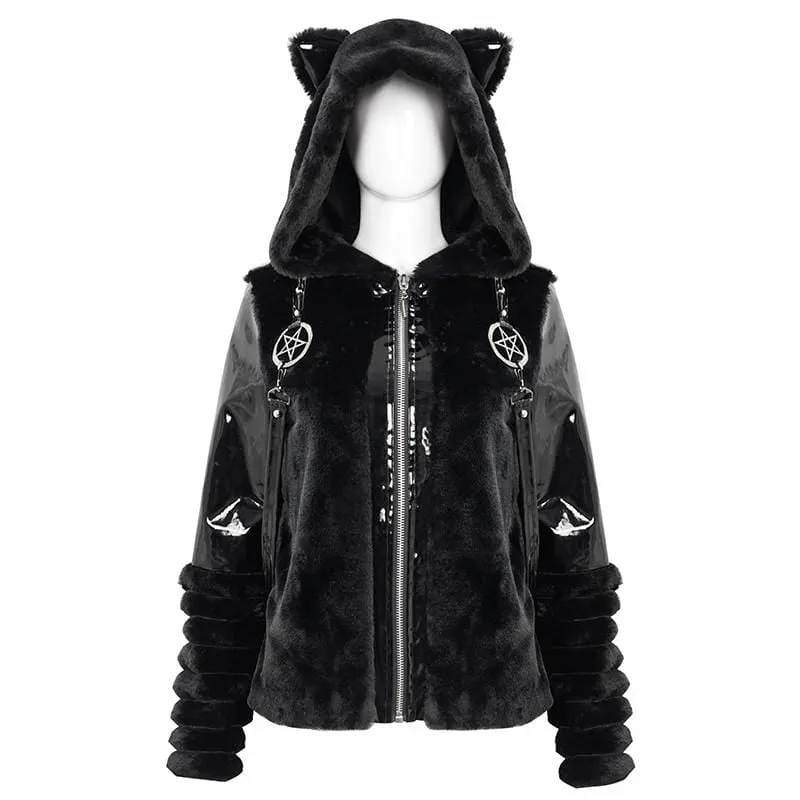 Women's Gothic Pentagram Splice Jacket with Ears Hood