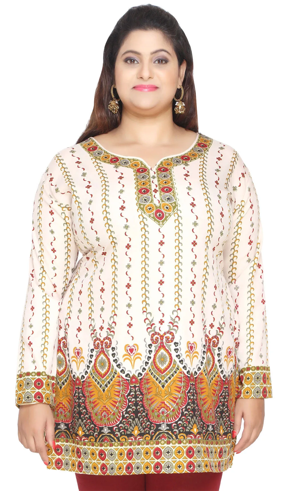 Womens Indian Tunics Kurti Top Printed Plus Size Apparel (Off-White)