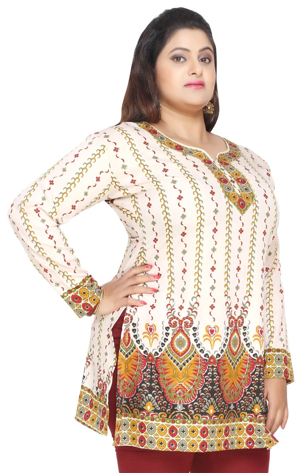 Womens Indian Tunics Kurti Top Printed Plus Size Apparel (Off-White)