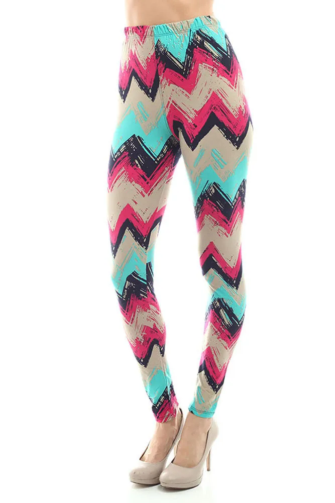 Women's Regular Chevron Inspired Pattern Print Leggings - Sky Fuchsia Black